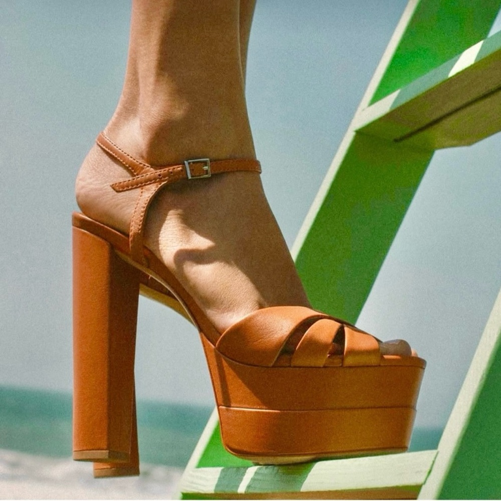 ❤️ NEW Schutz Keefa High Heels Platform Sandals Caramelo Tan Cognac Napa Leather - Picture 3 of 12